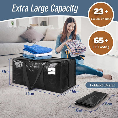 1 Pack Extra Heavy Duty Large Moving Bags with Strong Zipper & Comfortable Handles, Sturdy & Durable Clothes Storage Bags Totes Bins,  Packing Moving Boxes for Clothes, Bedding, Dorm & Travel, Black