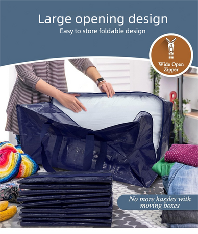 4 Pack ( 2 Dark Blue+2 Black ) Extra Heavy Duty Large Moving Bags with Strong Zipper & Comfortable Handles, Sturdy & Durable Clothes Storage Bags Totes Bins,  Packing Moving Boxes for Clothes, Bedding, Dorm & Travel,