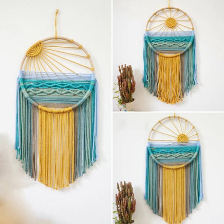 Style 3 Hand-Woven Cotton Rope Sunrise Sunset Wall Hanging - Bohemian Macrame Tapestry with Tassels, 60x30cm - Perfect for Living Room, Bedroom