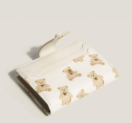 Black Cute Bear Print Bifold Wallet - PU Leather & Polyester Card Holder with Zip Coin Purse & ID Window - Compact Foldable Wallet for Women & Students