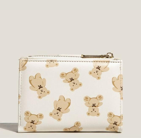 Brown Cute Bear Print Bifold Wallet - PU Leather & Polyester Card Holder with Zip Coin Purse & ID Window - Compact Foldable Wallet for Women & Students