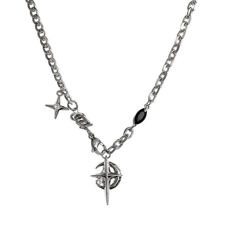 Silver Hip-hop style titanium steel black gemstone spliced star cross necklace, unisex trendy streetwear design collarbone chain
