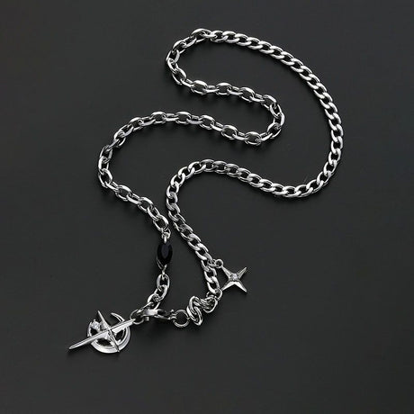 Silver Hip-hop style titanium steel black gemstone spliced star cross necklace, unisex trendy streetwear design collarbone chain
