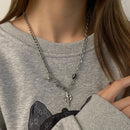 Silver Hip-hop style titanium steel black gemstone spliced star cross necklace, unisex trendy streetwear design collarbone chain