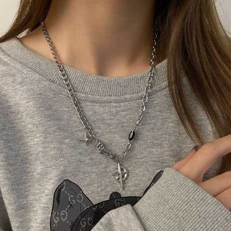 Silver Hip-hop style titanium steel black gemstone spliced star cross necklace, unisex trendy streetwear design collarbone chain