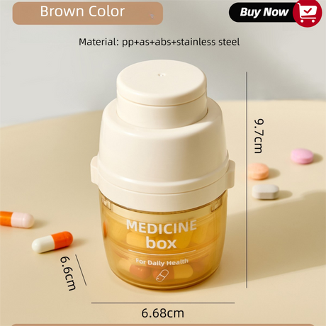 Beige 3-in-1 Pill Cutter, Crusher & Organizer Box with Built-in Water Cup - Portable Medicine Storage Container with Precision Quarter/Half Splitter