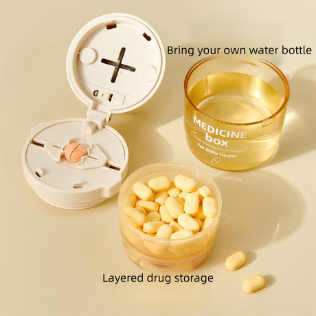 Beige 3-in-1 Pill Cutter, Crusher & Organizer Box with Built-in Water Cup - Portable Medicine Storage Container with Precision Quarter/Half Splitter