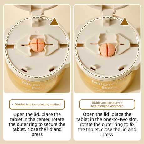2 Pcs Beige 3-in-1 Pill Cutter, Crusher & Organizer Box with Built-in Water Cup - Portable Medicine Storage Container with Precision Quarter/Half Splitter