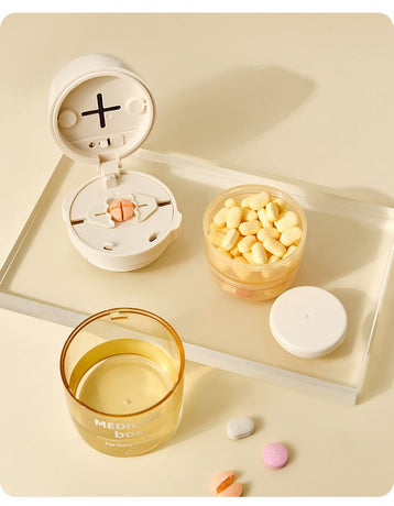 2 Pcs Beige 3-in-1 Pill Cutter, Crusher & Organizer Box with Built-in Water Cup - Portable Medicine Storage Container with Precision Quarter/Half Splitter