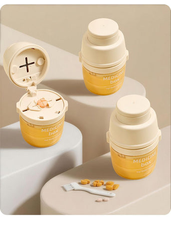 2 Pcs Beige 3-in-1 Pill Cutter, Crusher & Organizer Box with Built-in Water Cup - Portable Medicine Storage Container with Precision Quarter/Half Splitter