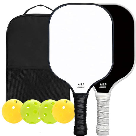 Black and White Fiberglass Pickleball Paddle Set - 2 Minimalist Paddles, 4 Balls, and Carry Bag for Outdoor Play