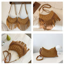 Khaki Vintage Boho Fringe Crossbody Bag - Retro Studded PU Leather Shoulder Purse with Adjustable Strap