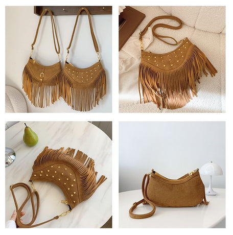 Khaki Vintage Boho Fringe Crossbody Bag - Retro Studded PU Leather Shoulder Purse with Adjustable Strap