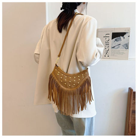 Khaki Vintage Boho Fringe Crossbody Bag - Retro Studded PU Leather Shoulder Purse with Adjustable Strap