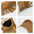 Khaki Vintage Boho Fringe Crossbody Bag - Retro Studded PU Leather Shoulder Purse with Adjustable Strap
