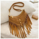 Khaki Vintage Boho Fringe Crossbody Bag - Retro Locking design PU Leather Shoulder Purse with Adjustable Strap