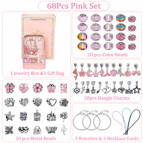 Pink Kids DIY Bead Jewelry Making Kit - 68 Pcs Alloy & Plastic Charm Bracelet & Necklace Set with Storage Box, Creative Birthday Gift for Girls