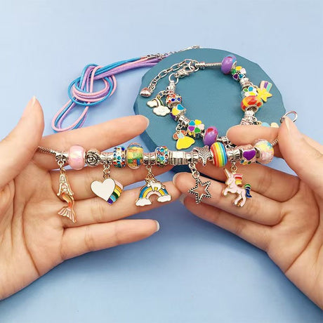 Pink Kids DIY Bead Jewelry Making Kit - 68 Pcs Alloy & Plastic Charm Bracelet & Necklace Set with Storage Box, Creative Birthday Gift for Girls