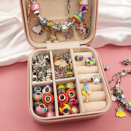 Red Kids DIY Bead Jewelry Making Kit - 68 Pcs Alloy & Plastic Charm Bracelet & Necklace Set with Storage Box, Creative Birthday Gift for Girls