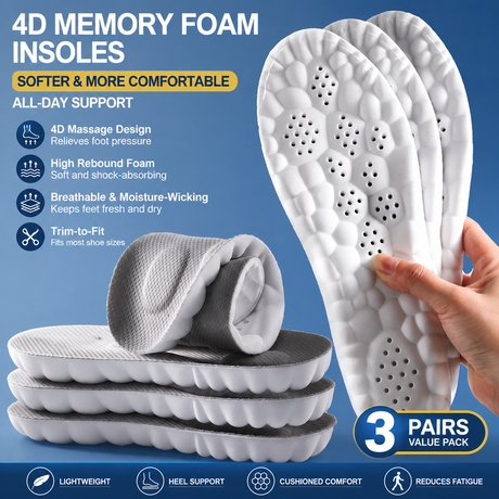 3 Pairs Grey 4D Cloud Insoles for Men and Women Insoles Super Soft Anti-Fatigue, Shock Absorption, Relieve Foot Pain  (AU 4–5 )