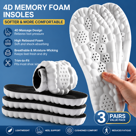 3 Pairs Black 4D Cloud Insoles for Men and Women Insoles Super Soft Anti-Fatigue, Shock Absorption, Relieve Foot Pain  (AU 6–7 )