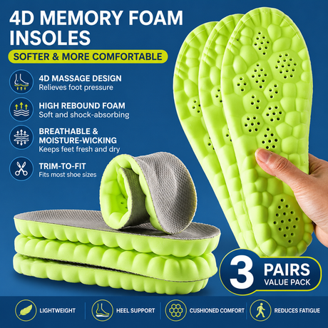 3 Pairs Green and Grey 4D Cloud Insoles for Men and Women Insoles Super Soft Anti-Fatigue, Shock Absorption, Relieve Foot Pain  (AU 10–11)