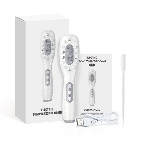 White Smart Scalp Massage Comb with EMS, LED Light Therapy & Vibration – Rechargeable Hair Growth Applicator