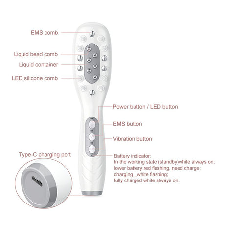White Smart Scalp Massage Comb with EMS, LED Light Therapy & Vibration – Rechargeable Hair Growth Applicator