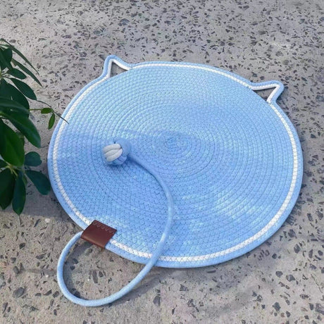Blue Durable Cat Scratching Mat with Attached Toy Ball - Washable and Multi-Functional, Ideal for Cats' Scratching and Sleeping - 50cm Diameter