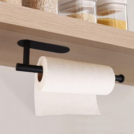 Gold Stainless Steel Kitchen Paper Holder with Adhesive Mounting – Under Cabinet Tissue Roll Rack for Paper Towels, Toilet Paper or Plastic Wrap