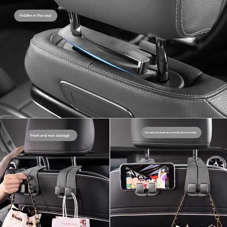 Black 4-Pack Car Seat Back Hooks – Hidden Suede Leather with Metal Hooks for Storage and Phone Stand