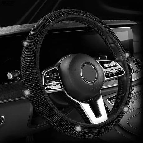 Black Crystal Rhinestone Steering Wheel Cover – Elastic Stretch Design with Full Diamond Embellishment