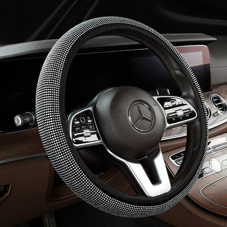 White Crystal Rhinestone Steering Wheel Cover – Elastic Stretch Design with Full Diamond Embellishment