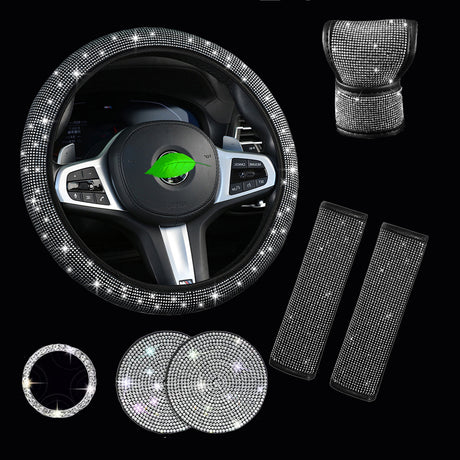 White 7-Piece Car Interior Decoration Set – Crystal Rhinestone Steering Wheel Cover, Gear Shift Cover, Seat Belt Pads, Cup Coasters & Ignition Switch Cover