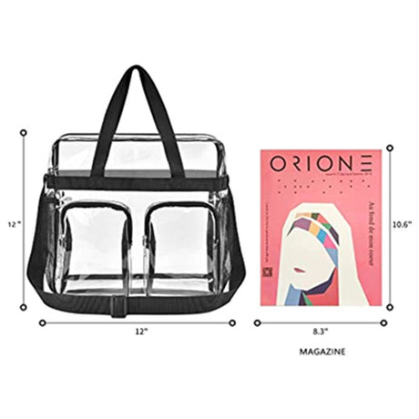 Black Clear Multi-Pocket Tote Bag – Waterproof & Organized Carryall with Front Zipper Pockets and Adjustable Strap