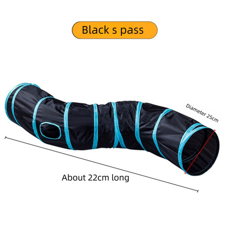 Black S-Pass Cat Tunnel Play Set with Collapsible Design, Interactive Ball & Durable Fabric – Ideal for Indoor Cats to Exercise and Explore