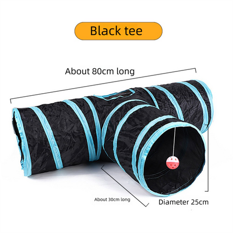 Black T-bar Cat Tunnel Play Set with Collapsible Design, Interactive Ball & Durable Fabric – Ideal for Indoor Cats to Exercise and Explore