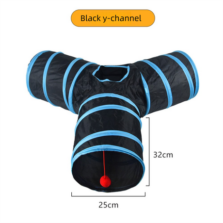 Black Y-shaped connector Cat Tunnel Play Set with Collapsible Design, Interactive Ball & Durable Fabric – Ideal for Indoor Cats to Exercise and Explore