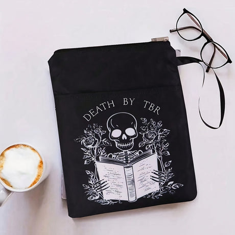 Black skull Zippered Book Sleeve with Printed Design – Waterproof Protective Cover for Books, Ideal for Readers and Students with Extra Pocket & Carry Strap