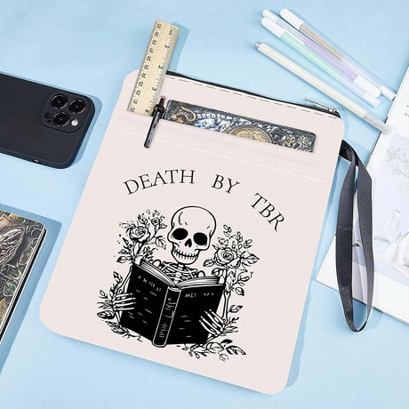 White Skeleton Zippered Book Sleeve with Printed Design – Waterproof Protective Cover for Books, Ideal for Readers and Students with Extra Pocket & Carry Strap