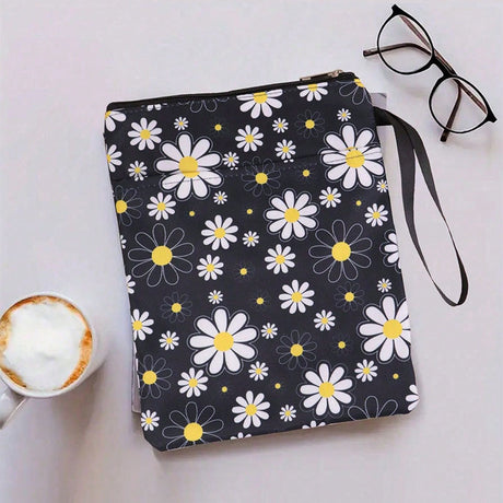 Daisy Zippered Book Sleeve with Printed Design – Waterproof Protective Cover for Books, Ideal for Readers and Students with Extra Pocket & Carry Strap