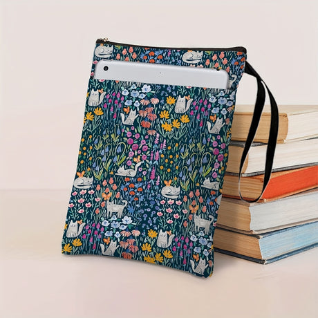 Cat Flowers Zippered Book Sleeve with Printed Design – Waterproof Protective Cover for Books, Ideal for Readers and Students with Extra Pocket & Carry Strap