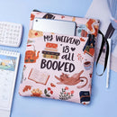 Cat Flowers Zippered Book Sleeve with Printed Design – Waterproof Protective Cover for Books, Ideal for Readers and Students with Extra Pocket & Carry Strap