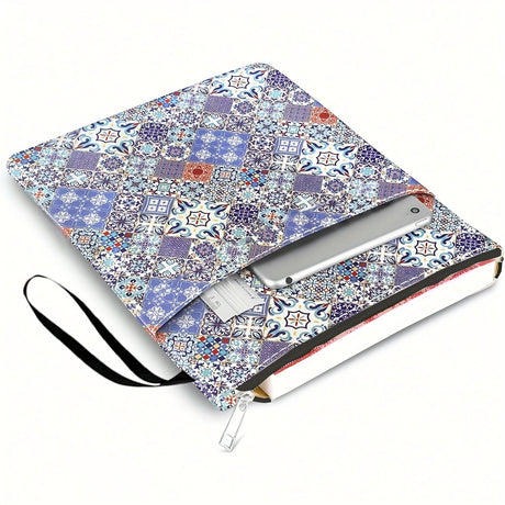 Bohemian check Zippered Book Sleeve with Printed Design – Waterproof Protective Cover for Books, Ideal for Readers and Students with Extra Pocket & Carry Strap