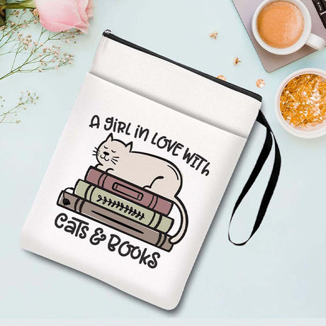 Cats books Zippered Book Sleeve with Printed Design – Waterproof Protective Cover for Books, Ideal for Readers and Students with Extra Pocket & Carry Strap