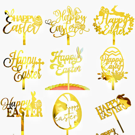 10-Piece Set of Elegant Easter Cake Toppers – Gold Acrylic 