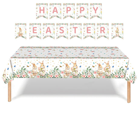 Easter Party Decoration Set – Floral Bunny Tablecloth 137x274cm + Happy Easter Banner, Spring-Themed Decor for Festive Gatherings