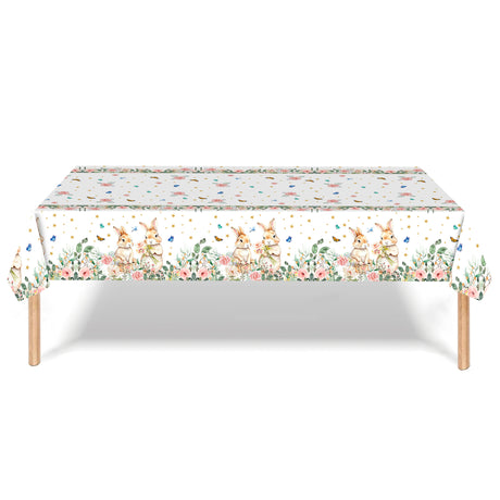 Easter Party Decoration Set – Floral Bunny Tablecloth 137x274cm + Happy Easter Banner, Spring-Themed Decor for Festive Gatherings