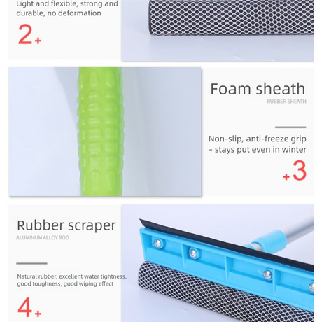 Green Home Window Cleaner – Adjustable Aluminum Alloy Glass Scraper with Dual-Sided Sponge and Rubber Blade, Easy-to-Use Window Cleaning Tool