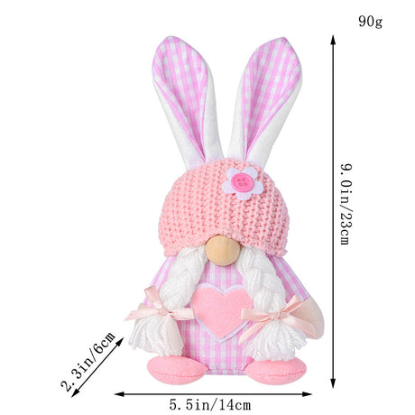 Pink Easter Plush Bunny Gnome Figurine – Decorative Doll with Long Hair and Checkered Ears for Home Display